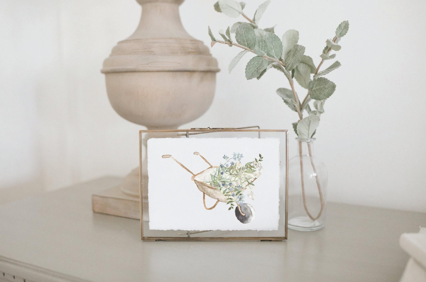 Glass Table Frames & Cards - Wheel Barrow Watercolor