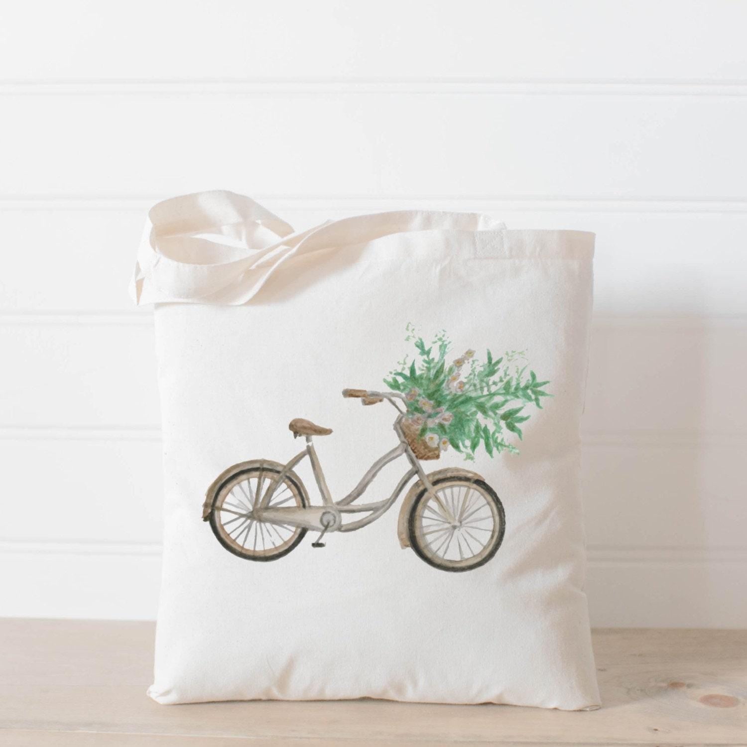 Tote Bags - Flower Bike Basket Watercolor